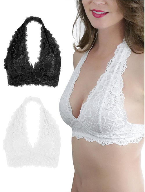 Deago Women's Halter Lace Bralette Bras Triangle See Through Unpadded Bra Crop Top Lingerie, S,White