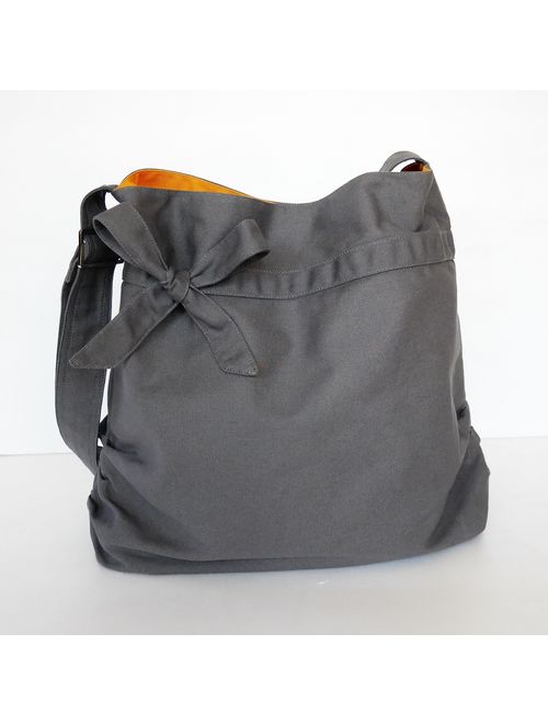 Sale - Grey Canvas Bag, light weight tote, women messenger bag, gift for women, bow, Crossbody bag, shoulder bag, unique gift - DESSERT