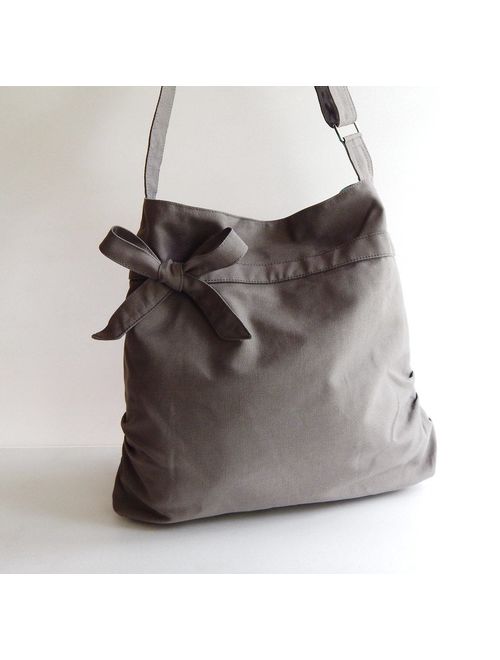 Sale - Grey Canvas Bag, light weight tote, women messenger bag, gift for women, bow, Crossbody bag, shoulder bag, unique gift - DESSERT