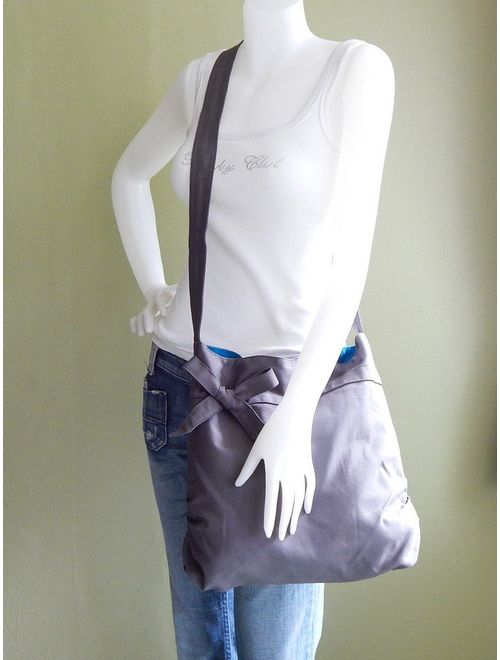 Sale - Grey Canvas Bag, light weight tote, women messenger bag, gift for women, bow, Crossbody bag, shoulder bag, unique gift - DESSERT