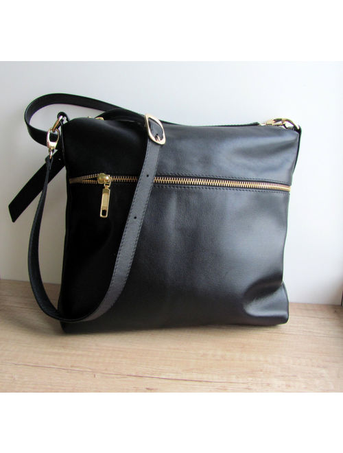 Black leather crossbody bag Women purse Handbag Birthday gift Medium bag