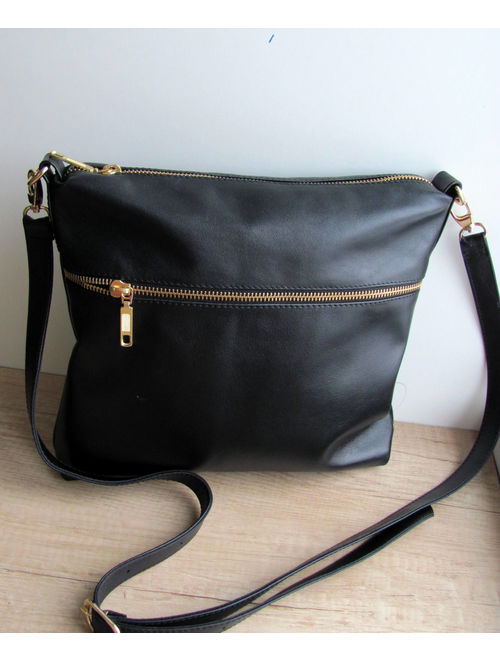 Black leather crossbody bag Women purse Handbag Birthday gift Medium bag