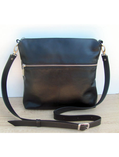 Black leather crossbody bag Women purse Handbag Birthday gift Medium bag