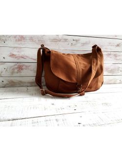 Brown Cognac canvas Messenger bag for women, Travel Shoulder bag,5 pockets Diaper bag,Cross body purse,Gift for her,School Bag-no.12 KYLIE