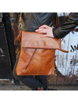 Amelie, Tan smooth Leather Bag, Adjustable Messenger, Shoulder Bag, Cross-body, Foldover Zip Bag