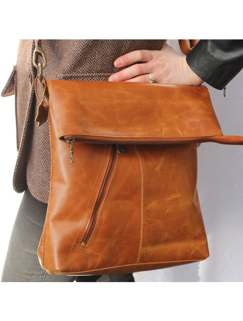 Amelie, Tan smooth Leather Bag, Adjustable Messenger, Shoulder Bag, Cross-body, Foldover Zip Bag