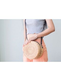 PU Leather strap Straw bag straw handbag straw crossbody bag straw round bag straw bag with dark brown leather strap boho bag