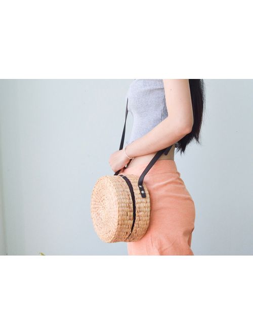 PU Leather strap Straw bag straw handbag straw crossbody bag straw round bag straw bag with dark brown leather strap boho bag