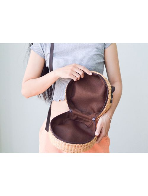 PU Leather strap Straw bag straw handbag straw crossbody bag straw round bag straw bag with dark brown leather strap boho bag