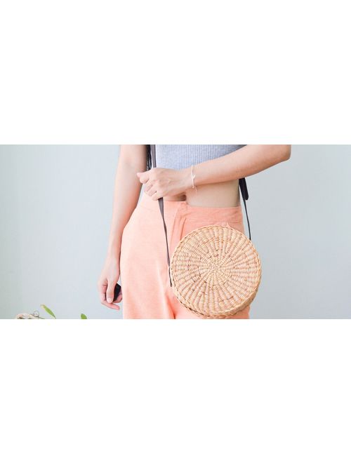 PU Leather strap Straw bag straw handbag straw crossbody bag straw round bag straw bag with dark brown leather strap boho bag