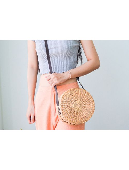 PU Leather strap Straw bag straw handbag straw crossbody bag straw round bag straw bag with dark brown leather strap boho bag