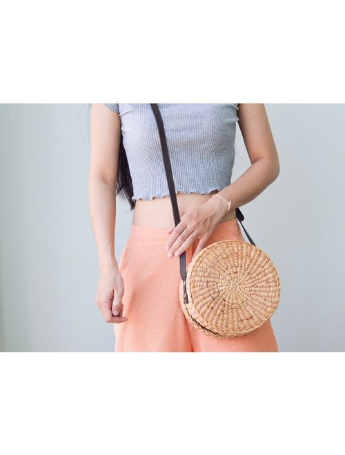 PU Leather strap Straw bag straw handbag straw crossbody bag straw round bag straw bag with dark brown leather strap boho bag