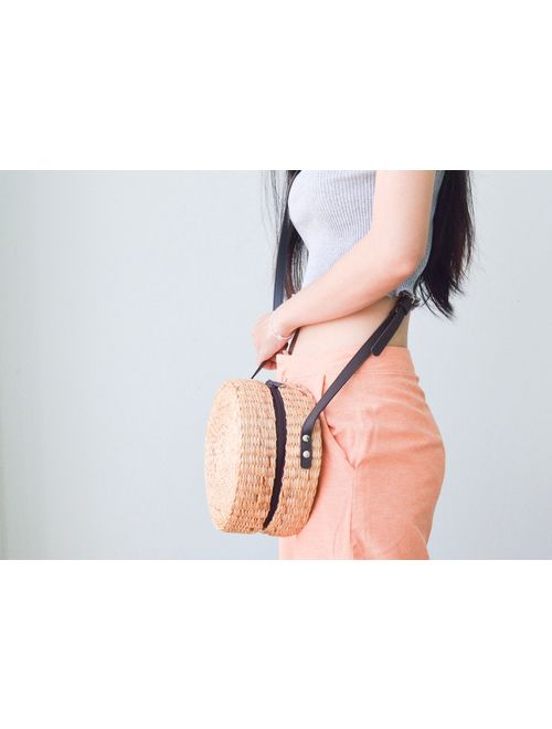 PU Leather strap Straw bag straw handbag straw crossbody bag straw round bag straw bag with dark brown leather strap boho bag