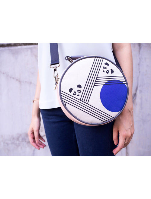 Round Crossbody Bag, Vegan leather bag, Circle Bag, Leather and Canvas Bag, Canteen Bag, Japanese Fabric, Panda Bears, Kokka, Gifts for her