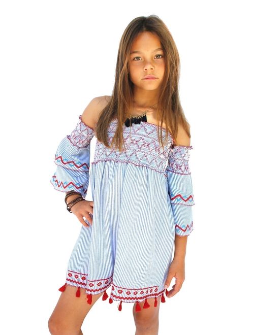 Buy Azul Girls Blue Embroidered Tassel Strike A Pose Smocked Dress 12/ ...