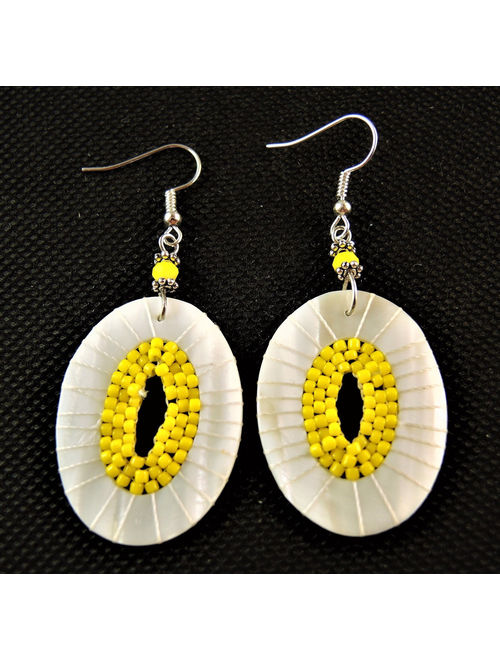 White Cream Natural Oval Shell and Yellow Miyuki Beaded Pair of Dangle Fashion Statement Earrings with Silver Plated Hooks # B346