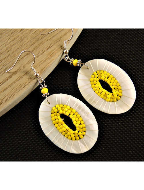 White Cream Natural Oval Shell and Yellow Miyuki Beaded Pair of Dangle Fashion Statement Earrings with Silver Plated Hooks # B346