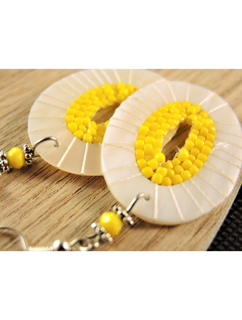 White Cream Natural Oval Shell and Yellow Miyuki Beaded Pair of Dangle Fashion Statement Earrings with Silver Plated Hooks # B346