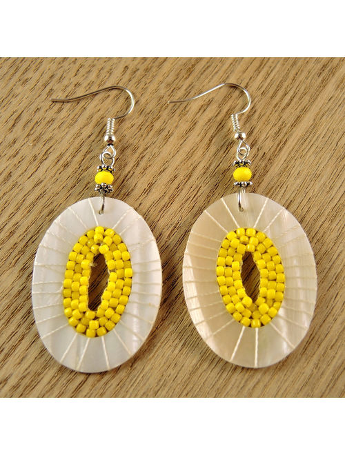 White Cream Natural Oval Shell and Yellow Miyuki Beaded Pair of Dangle Fashion Statement Earrings with Silver Plated Hooks # B346