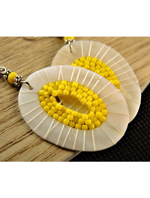 White Cream Natural Oval Shell and Yellow Miyuki Beaded Pair of Dangle Fashion Statement Earrings with Silver Plated Hooks # B346