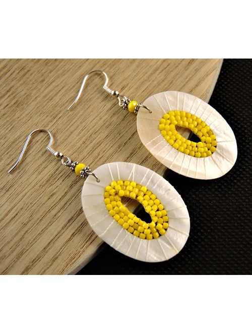 White Cream Natural Oval Shell and Yellow Miyuki Beaded Pair of Dangle Fashion Statement Earrings with Silver Plated Hooks # B346