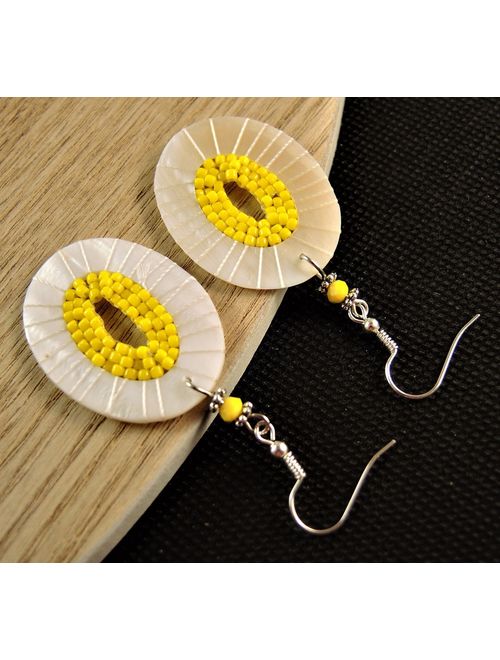 White Cream Natural Oval Shell and Yellow Miyuki Beaded Pair of Dangle Fashion Statement Earrings with Silver Plated Hooks # B346