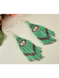 Miyuki Green Gold Plum Colours Beaded Handmade Statement Bohemian Dangle Earrings with Silver Hypo Allergenic Hooks #2599