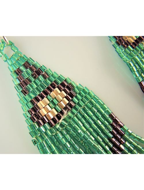 Miyuki Green Gold Plum Colours Beaded Handmade Statement Bohemian Dangle Earrings with Silver Hypo Allergenic Hooks #2599