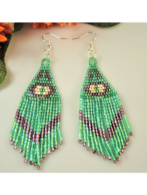 Miyuki Green Gold Plum Colours Beaded Handmade Statement Bohemian Dangle Earrings with Silver Hypo Allergenic Hooks #2599