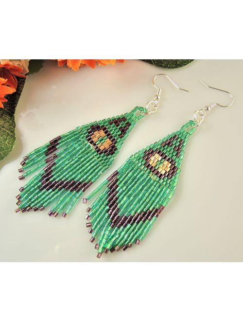 Miyuki Green Gold Plum Colours Beaded Handmade Statement Bohemian Dangle Earrings with Silver Hypo Allergenic Hooks #2599