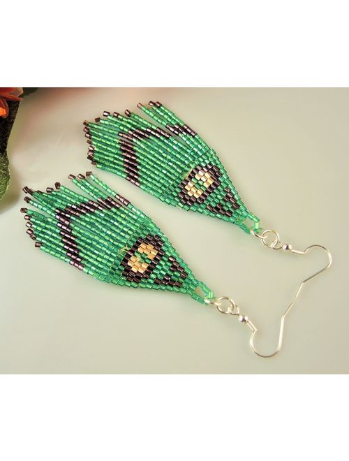 Miyuki Green Gold Plum Colours Beaded Handmade Statement Bohemian Dangle Earrings with Silver Hypo Allergenic Hooks #2599