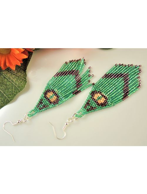 Miyuki Green Gold Plum Colours Beaded Handmade Statement Bohemian Dangle Earrings with Silver Hypo Allergenic Hooks #2599