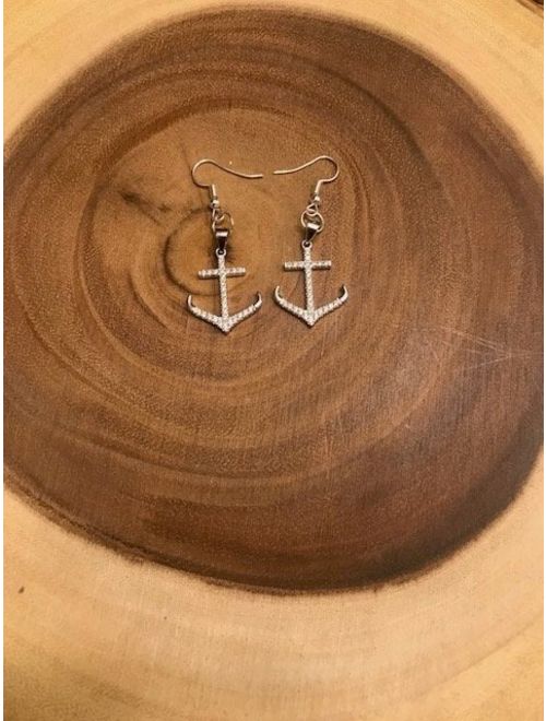 Sterling Silver .925 Anchor Boat Dangle Drop Earrings Nautical Crystal Stones Boating cruising Earrings Silver Jewelry