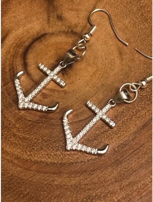 Sterling Silver .925 Anchor Boat Dangle Drop Earrings Nautical Crystal Stones Boating cruising Earrings Silver Jewelry