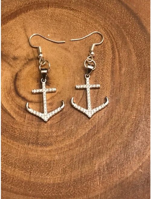 Sterling Silver .925 Anchor Boat Dangle Drop Earrings Nautical Crystal Stones Boating cruising Earrings Silver Jewelry