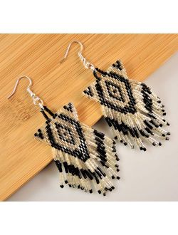 Miyuki Silver and Black Beaded Handmade Statement Bohemian Dangle Earrings with Silver Hypo Allergenic Hooks #2601