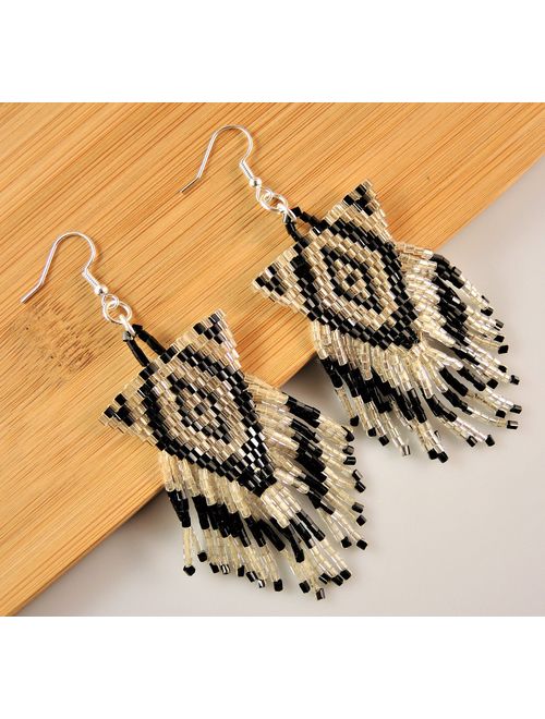 Miyuki Silver and Black Beaded Handmade Statement Bohemian Dangle Earrings with Silver Hypo Allergenic Hooks #2601