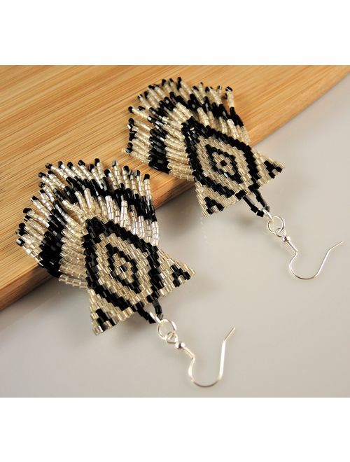 Miyuki Silver and Black Beaded Handmade Statement Bohemian Dangle Earrings with Silver Hypo Allergenic Hooks #2601