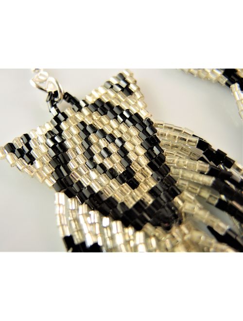 Miyuki Silver and Black Beaded Handmade Statement Bohemian Dangle Earrings with Silver Hypo Allergenic Hooks #2601