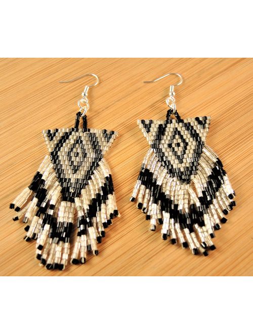 Miyuki Silver and Black Beaded Handmade Statement Bohemian Dangle Earrings with Silver Hypo Allergenic Hooks #2601