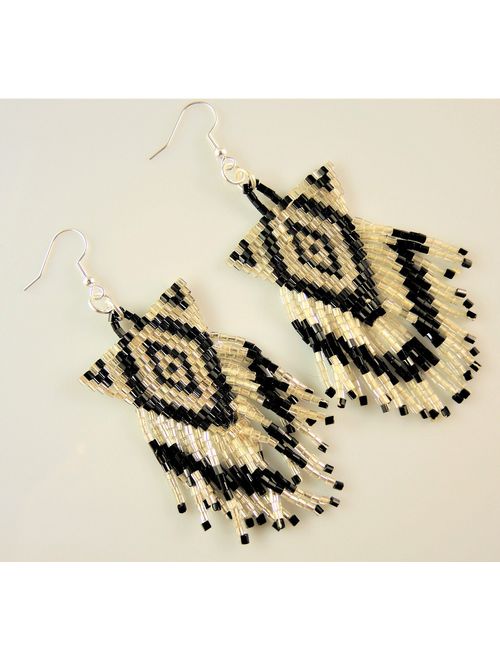 Miyuki Silver and Black Beaded Handmade Statement Bohemian Dangle Earrings with Silver Hypo Allergenic Hooks #2601