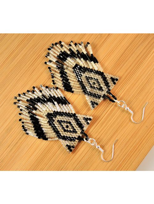 Miyuki Silver and Black Beaded Handmade Statement Bohemian Dangle Earrings with Silver Hypo Allergenic Hooks #2601