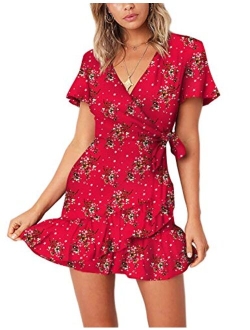 Relipop Summer Short Sleeve Print Dress V Neck Casual Short Dresses