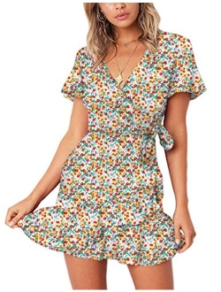 Relipop Summer Short Sleeve Print Dress V Neck Casual Short Dresses