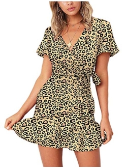 Relipop Summer Short Sleeve Print Dress V Neck Casual Short Dresses