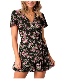 Relipop Summer Short Sleeve Print Dress V Neck Casual Short Dresses