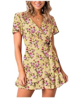 Relipop Summer Short Sleeve Print Dress V Neck Casual Short Dresses