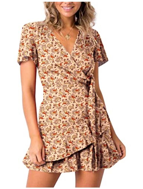 Relipop Summer Short Sleeve Print Dress V Neck Casual Short Dresses