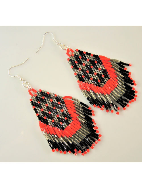 Miyuki Red Grey and Black Beaded Handmade Statement Bohemian Dangle Earrings with Silver Hypo Allergenic Hooks #2602