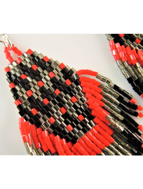 Miyuki Red Grey and Black Beaded Handmade Statement Bohemian Dangle Earrings with Silver Hypo Allergenic Hooks #2602